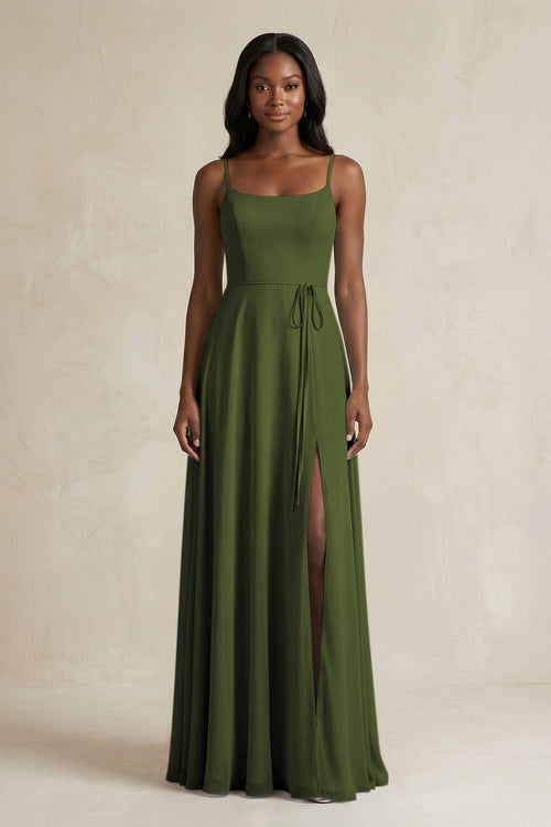 A-Line Spaghetti Straps Chiffon Bridesmaid Dress in Olive - KissProm BRIDESMAID DRESSES