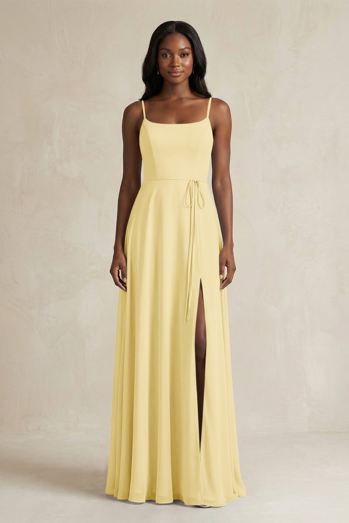 KissProm A-Line Spaghetti Straps Chiffon Bridesmaid Dress in Pastel Yellow, Pastel Yellow / 24