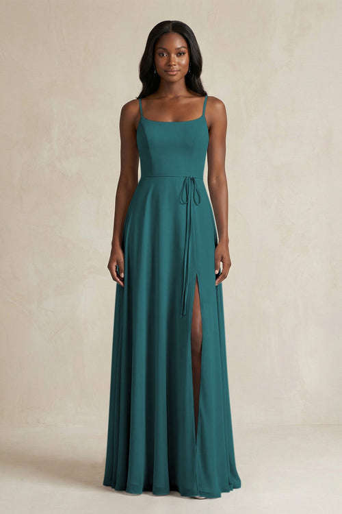 A-Line Spaghetti Straps Chiffon Bridesmaid Dress in Pine - KissProm BRIDESMAID DRESSES