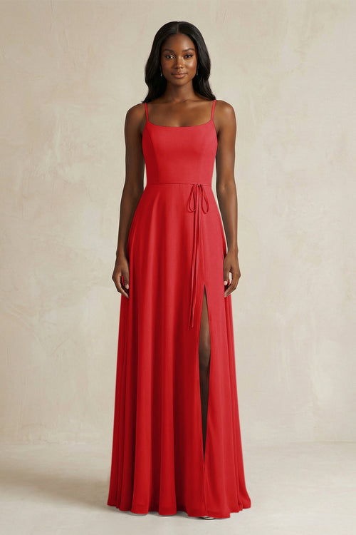 A-Line Spaghetti Straps Chiffon Bridesmaid Dress in Ruby Red - KissProm BRIDESMAID DRESSES