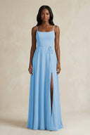 A-Line Spaghetti Straps Chiffon Bridesmaid Dress in Steel Blue - KissProm BRIDESMAID DRESSES