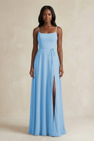 A-Line Spaghetti Straps Chiffon Bridesmaid Dress in Steel Blue - KissProm BRIDESMAID DRESSES