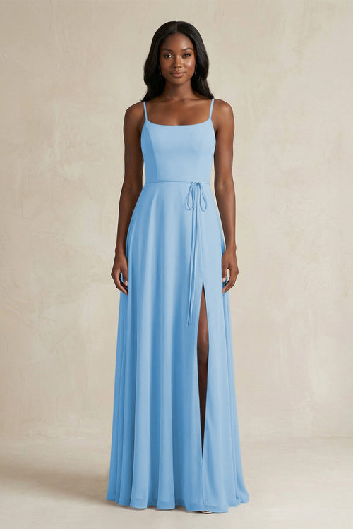 A-Line Spaghetti Straps Chiffon Bridesmaid Dress in Steel Blue - KissProm BRIDESMAID DRESSES