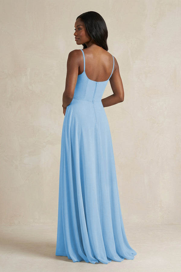 A-Line Spaghetti Straps Chiffon Bridesmaid Dress in Steel Blue - KissProm BRIDESMAID DRESSES