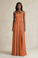 A-Line Spaghetti Straps Chiffon Bridesmaid Dress in Terracotta - KissProm BRIDESMAID DRESSES