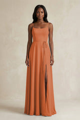 A-Line Spaghetti Straps Chiffon Bridesmaid Dress in Terracotta - KissProm BRIDESMAID DRESSES