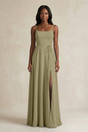 A-Line Spaghetti Straps Chiffon Bridesmaid Dress in Thyme - KissProm BRIDESMAID DRESSES