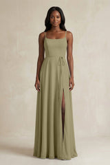 A-Line Spaghetti Straps Chiffon Bridesmaid Dress in Thyme - KissProm BRIDESMAID DRESSES