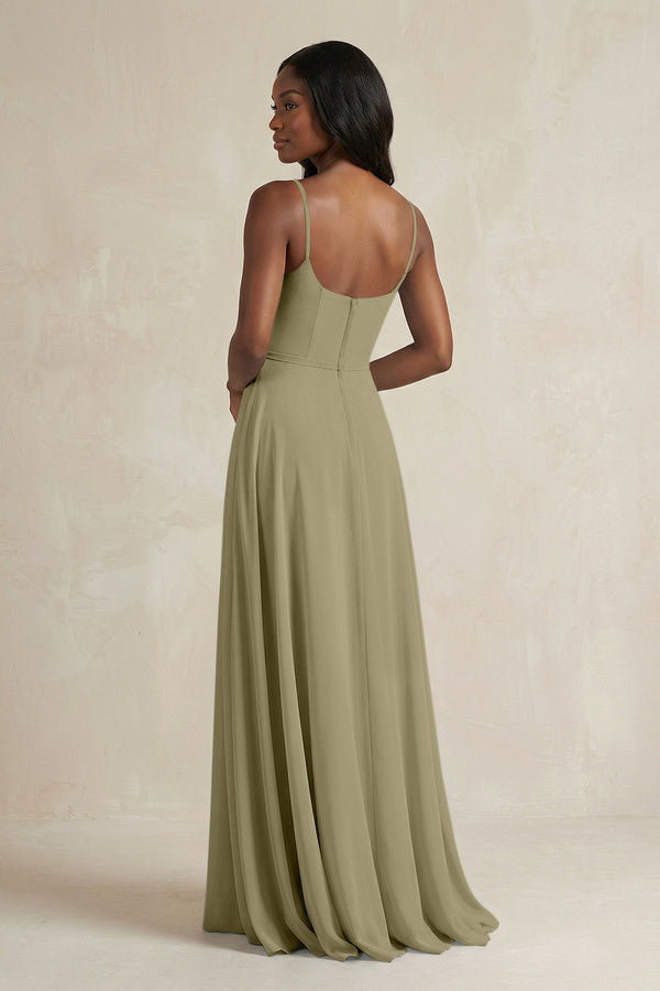 A-Line Spaghetti Straps Chiffon Bridesmaid Dress in Thyme - KissProm BRIDESMAID DRESSES