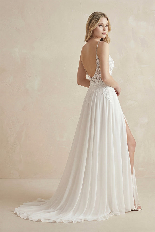 A - Line Spaghetti Straps Chiffon Wedding Dress in White - KissProm Wedding Dresses