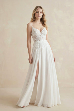 A - Line Spaghetti Straps Chiffon Wedding Dress in White - KissProm Wedding Dresses