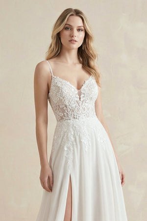 A - Line Spaghetti Straps Chiffon Wedding Dress in White - KissProm Wedding Dresses