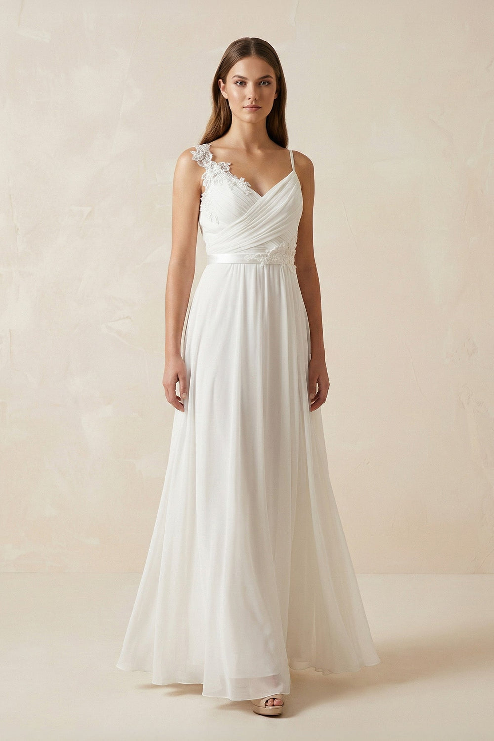 A - Line Spaghetti - Straps Chiffon Wedding Dress With Appliques in White - KissProm Wedding Dresses