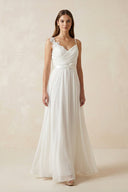 A - Line Spaghetti - Straps Chiffon Wedding Dress With Appliques in White - KissProm Wedding Dresses