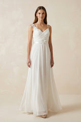 A - Line Spaghetti - Straps Chiffon Wedding Dress With Appliques in White - KissProm Wedding Dresses
