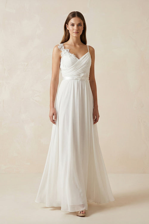 A - Line Spaghetti - Straps Chiffon Wedding Dress With Appliques in White - KissProm Wedding Dresses
