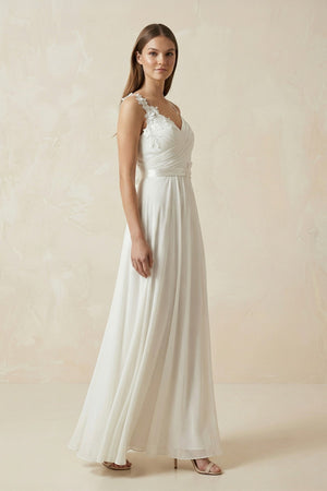 A - Line Spaghetti - Straps Chiffon Wedding Dress With Appliques in White - KissProm Wedding Dresses