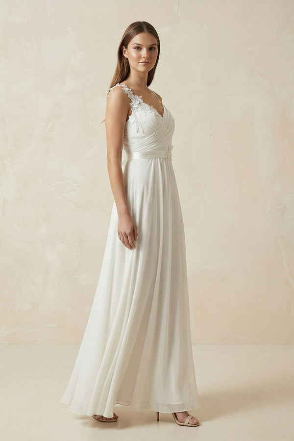 A - Line Spaghetti - Straps Chiffon Wedding Dress With Appliques in White - KissProm Wedding Dresses