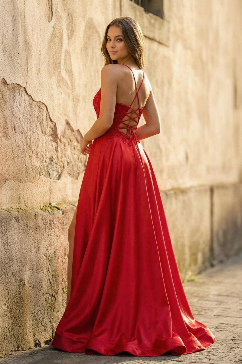 A - line Spaghetti Straps Corset Back Prom Dress With Split - KissProm