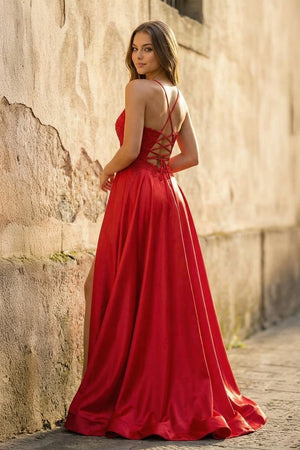 A - line Spaghetti Straps Corset Back Prom Dress With Split - KissProm