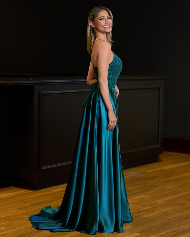 Show waist Spaghetti Strap Pleats Split Fork Sexy Prom Dress