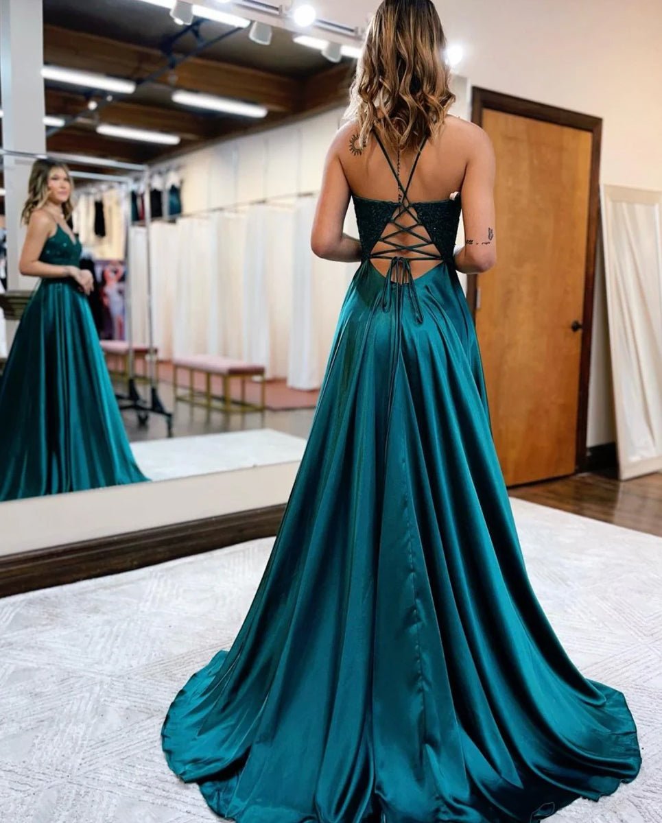 A-Line Spaghetti Straps Corset Back Prom Dress with Split Peacock / 10