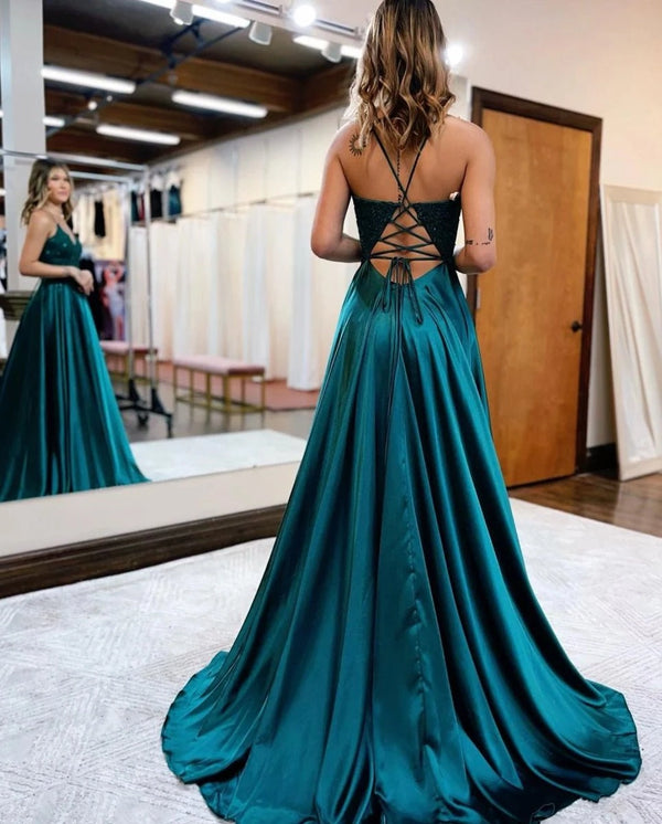A-line Spaghetti Straps Corset Back Prom Dress With Split