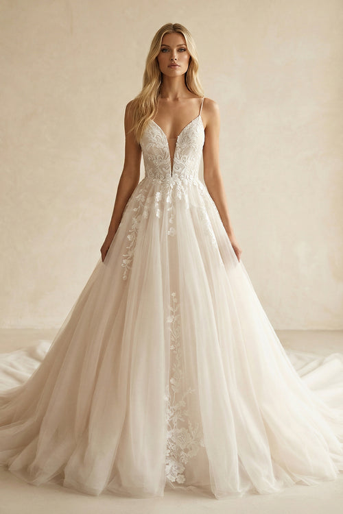 A Line Spaghetti Straps Deep V Neck White Lace Appliques Wedding Dress – Wedding Dresses by KissProm | Available at KissProm