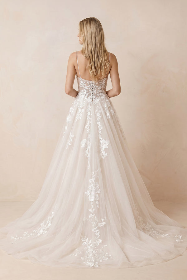 A Line Spaghetti Straps Deep V Neck White Lace Appliques Wedding Dress – Wedding Dresses by KissProm | Available at KissProm