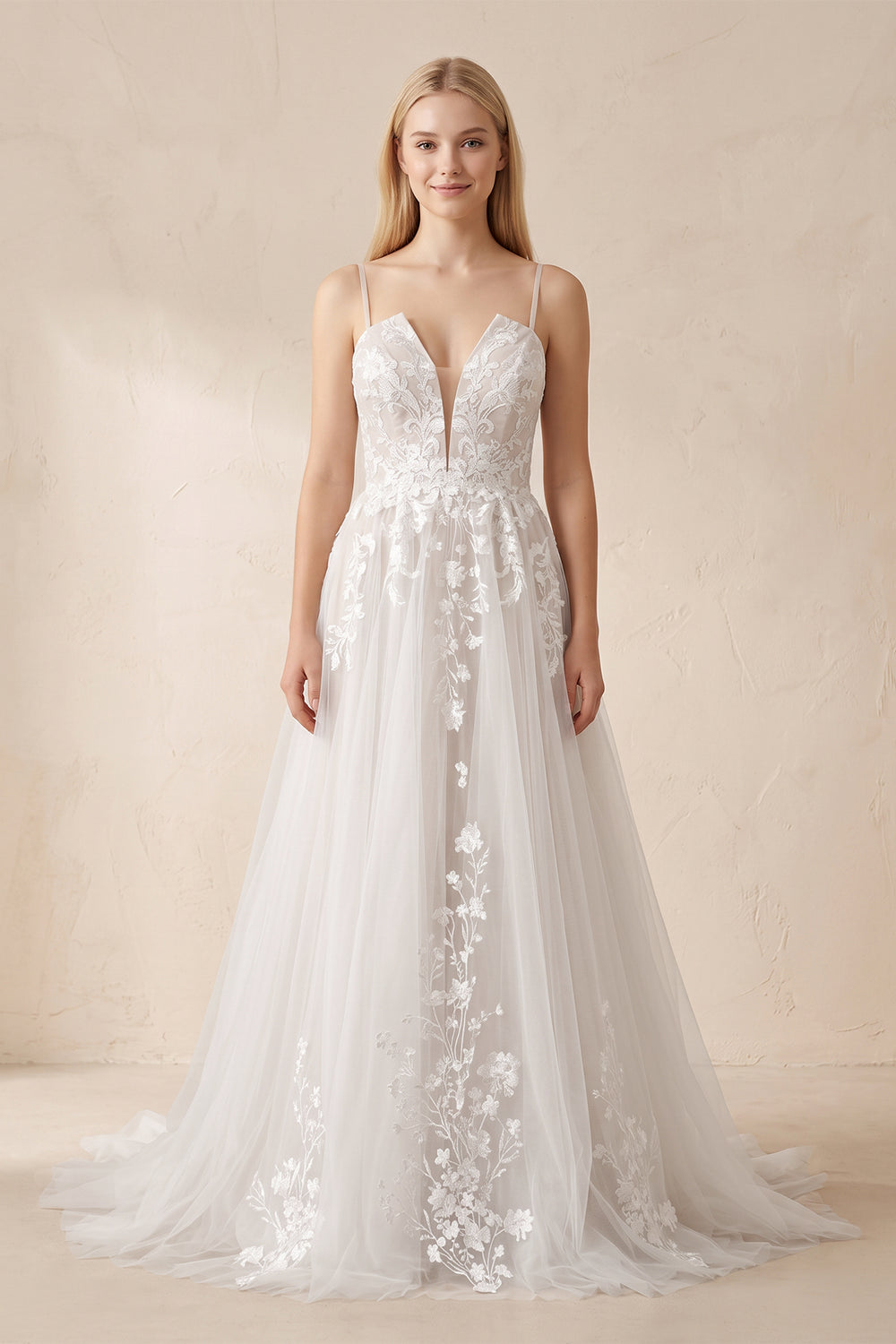 White A Line Spaghetti Straps Deep V Neck White Lace Appliques Wedding Dress – Wedding Dresses by KissProm | Available at KissProm