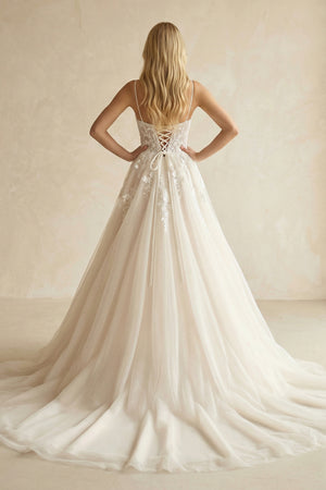 A Line Spaghetti Straps Deep V Neck White Lace Appliques Wedding Dress – Wedding Dresses by KissProm | Available at KissProm