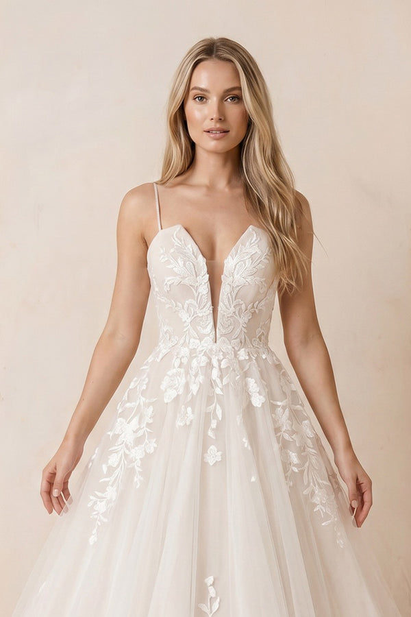 KissProm A Line Spaghetti Straps Deep V Neck White Lace Appliques Wedding Dress, Diamond White / 8