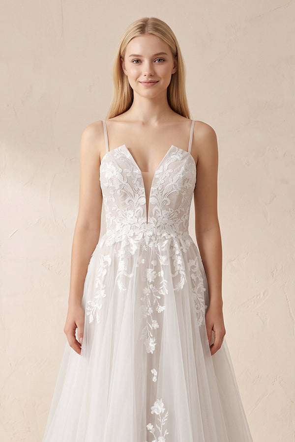 White A Line Spaghetti Straps Deep V Neck White Lace Appliques Wedding Dress – Wedding Dresses by KissProm | Available at KissProm