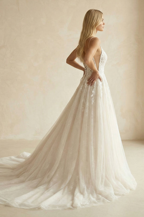 A Line Spaghetti Straps Deep V Neck White Lace Appliques Wedding Dress – Wedding Dresses by KissProm | Available at KissProm