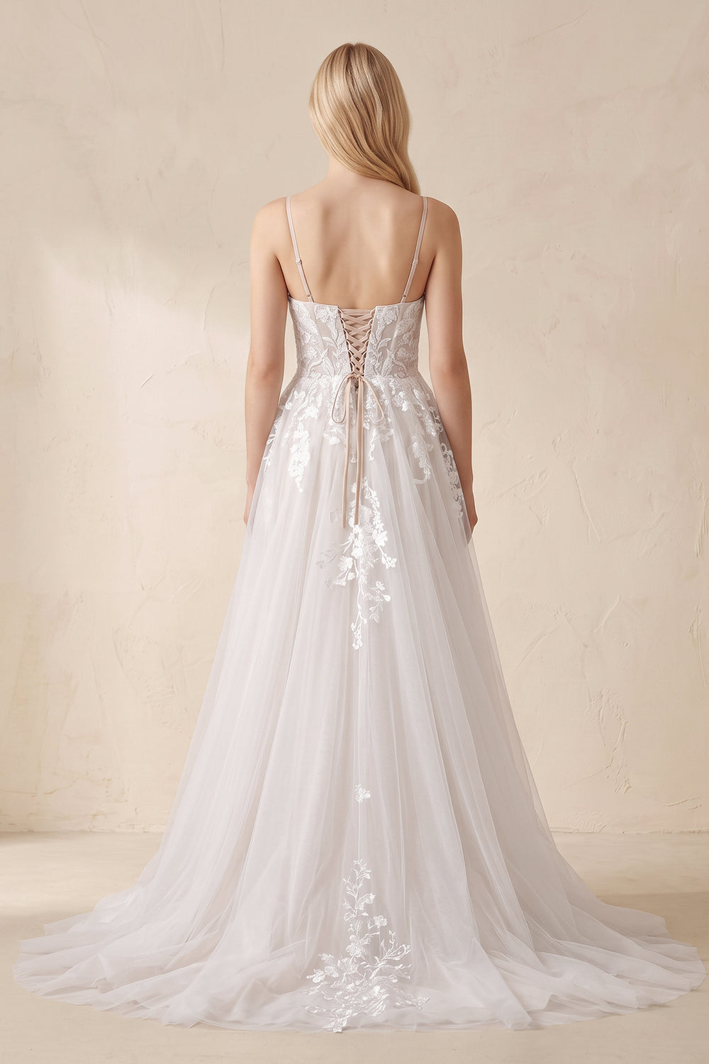 White A Line Spaghetti Straps Deep V Neck White Lace Appliques Wedding Dress – Wedding Dresses by KissProm | Available at KissProm