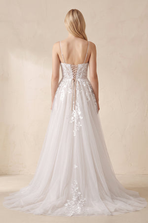 White A Line Spaghetti Straps Deep V Neck White Lace Appliques Wedding Dress – Wedding Dresses by KissProm | Available at KissProm