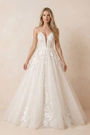 A Line Spaghetti Straps Deep V Neck White Lace Appliques Wedding Dress – Wedding Dresses by KissProm | Available at KissProm