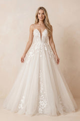A Line Spaghetti Straps Deep V Neck White Lace Appliques Wedding Dress – Wedding Dresses by KissProm | Available at KissProm