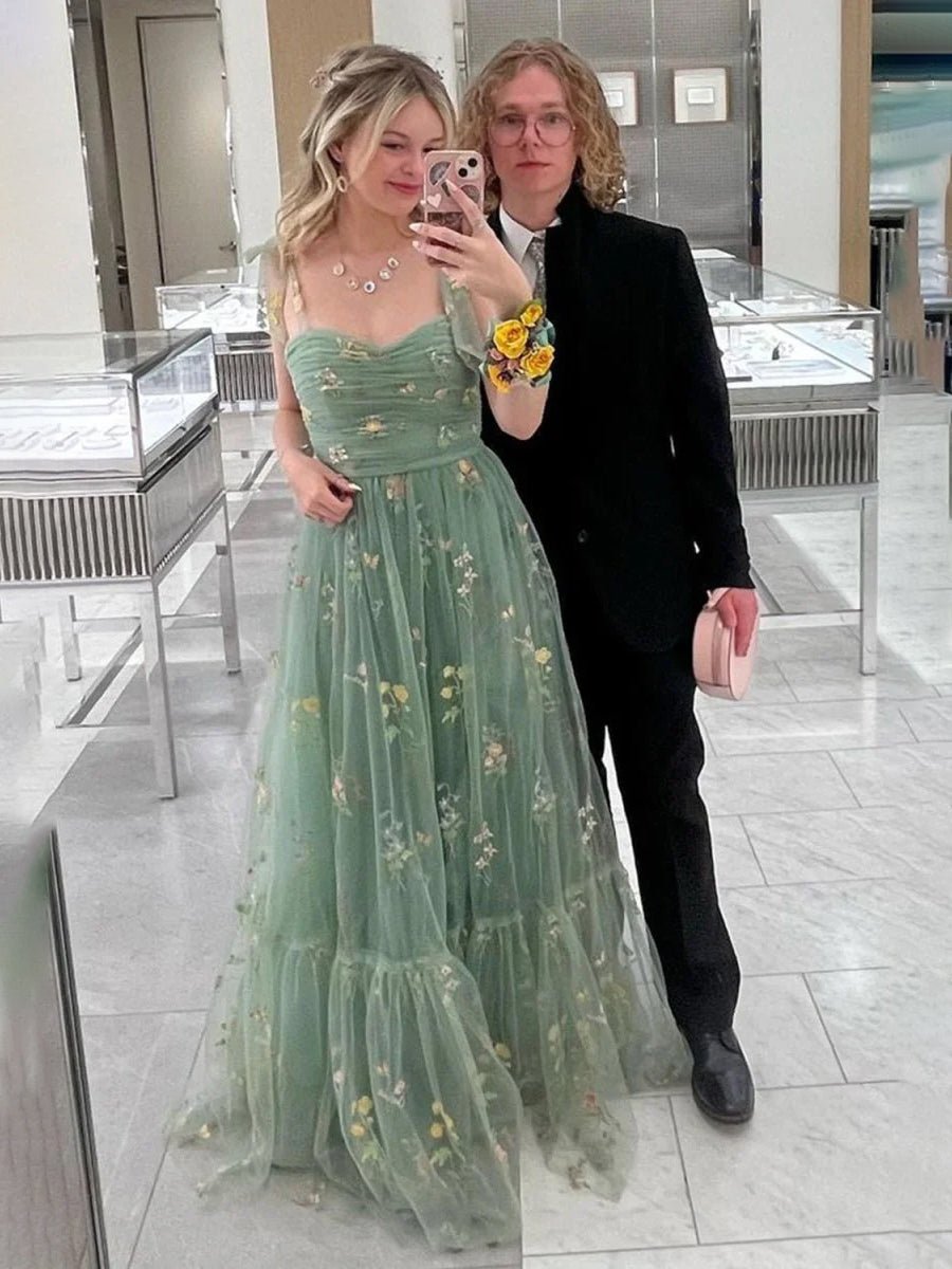 green embroidered prom dress A Line Sweetheart Long Prom Dress with Embroidery, Green / 16