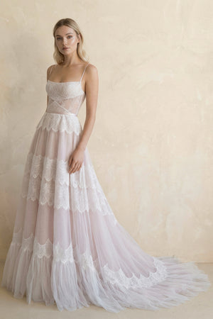 Giorgina | A Line Lace Spaghetti Straps Sleeveless Boho Wedding Dress