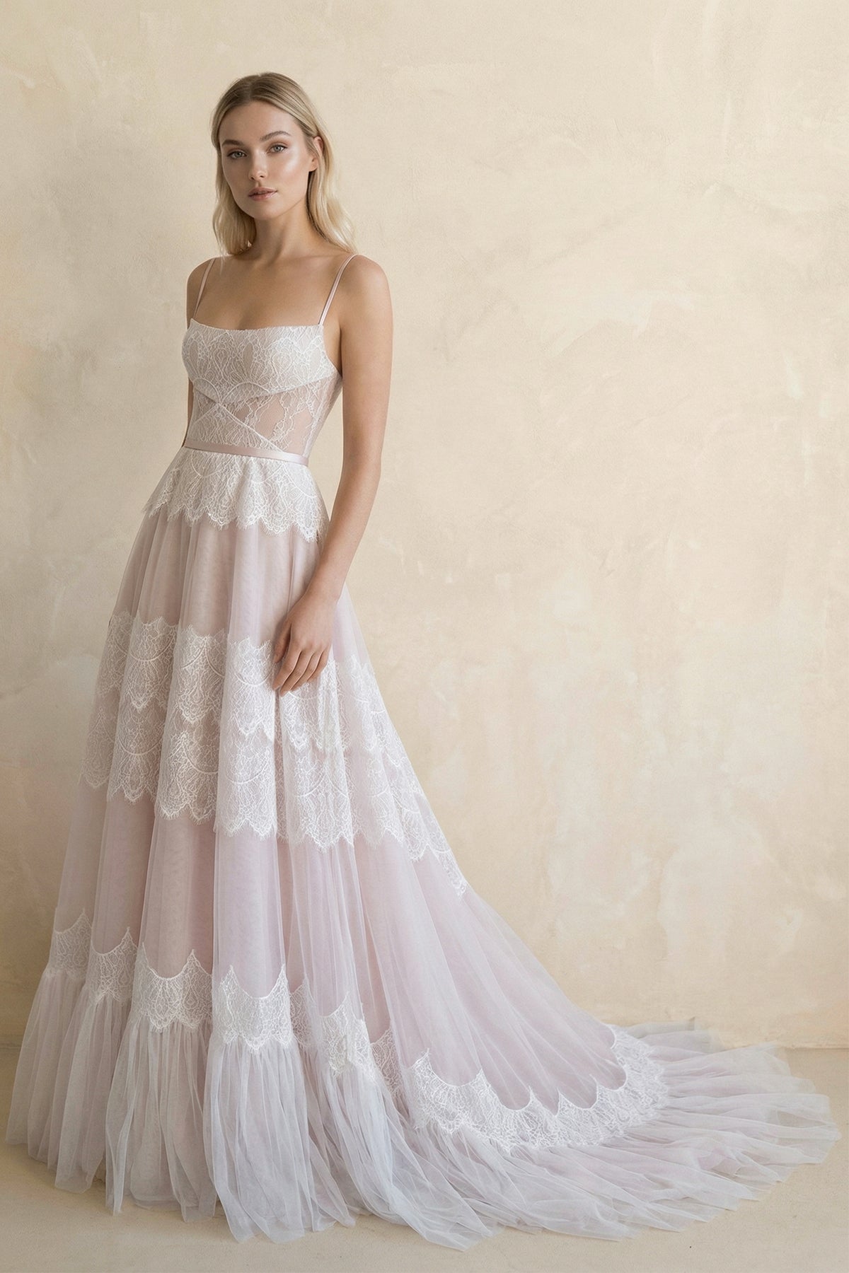 KissProm A Line Lace Spaghetti Straps Sleeveless Boho Wedding Dress, White-Nude / 20