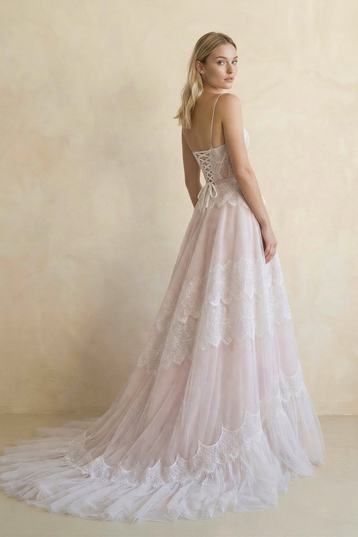 KissProm A Line Lace Spaghetti Straps Sleeveless Boho Wedding Dress, White-Nude / 20