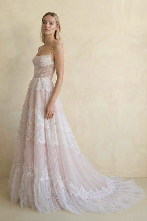 Giorgina | A Line Lace Spaghetti Straps Sleeveless Boho Wedding Dress