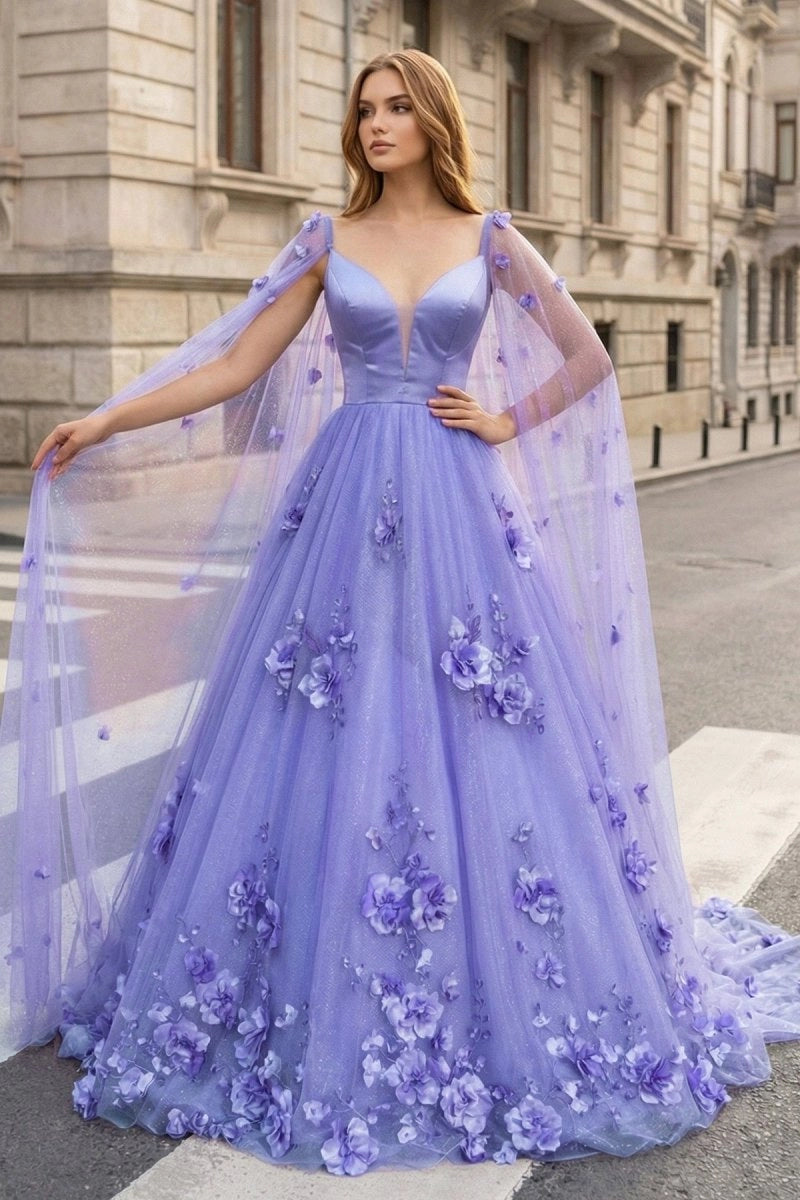 KissProm Lavender 3D Floral Lace A-Line Prom Dress with Cape Sleeves, Lavender / 6