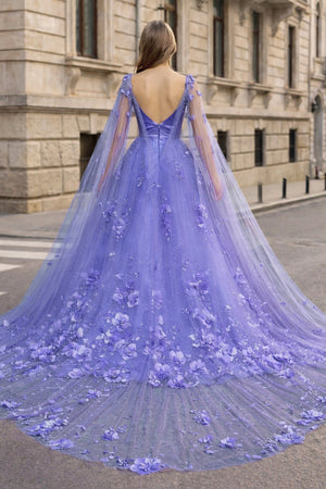 KissProm- Lavender 3D Floral Lace A-Line Prom Dress with Cape Sleeves