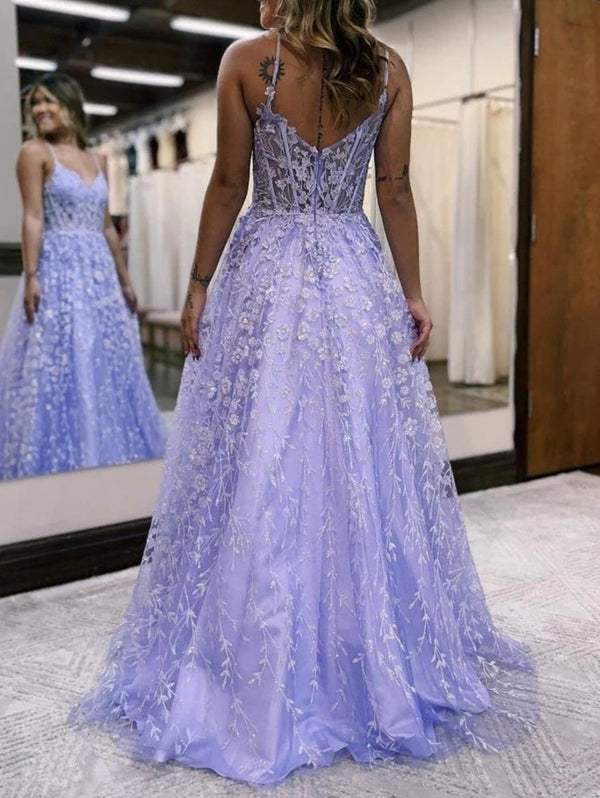 A Line Spaghetti Straps Lilac Corset Prom Dress with Appliques