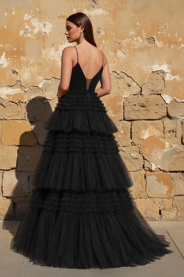 KissProm-Black-A-Line Spaghetti Straps Long Tiered Tulle Prom Dress With Split