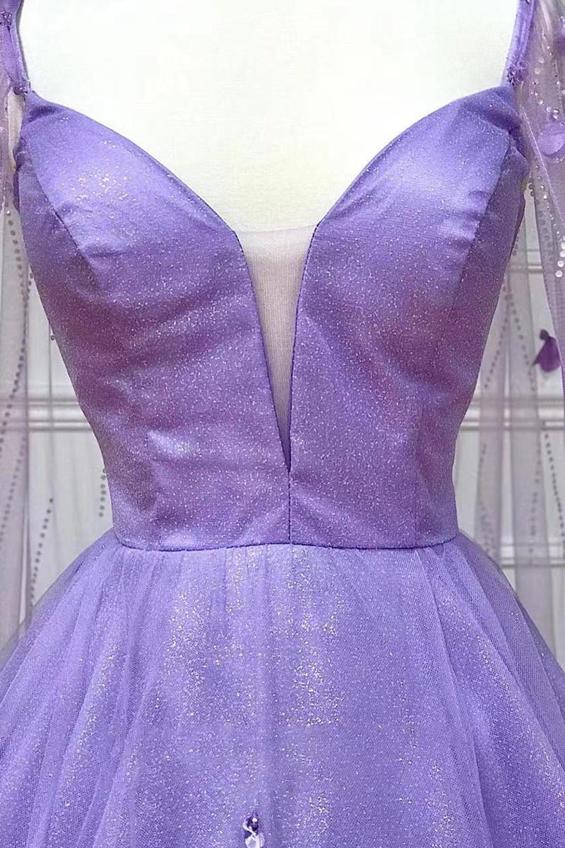 Lavender 3D Floral Lace A-Line Prom Dress with Cape Sleeves, Lavender / 8