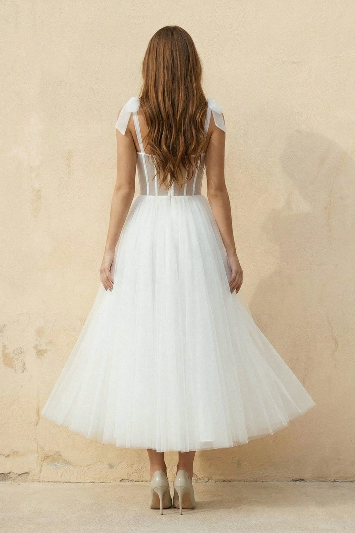 KissProm Sex Short White Wedding Dresses With Tulle Tea-Length, Diamond White / 0