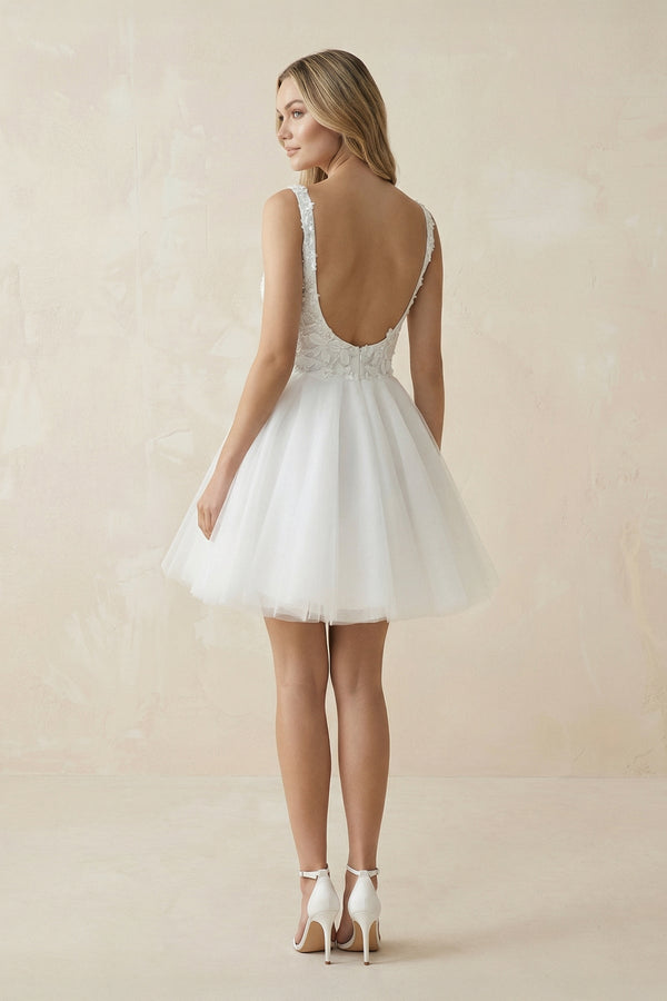 A Line Spaghetti Straps Tulle Wedding Dress With Appliques in White - KissProm Wedding Dresses